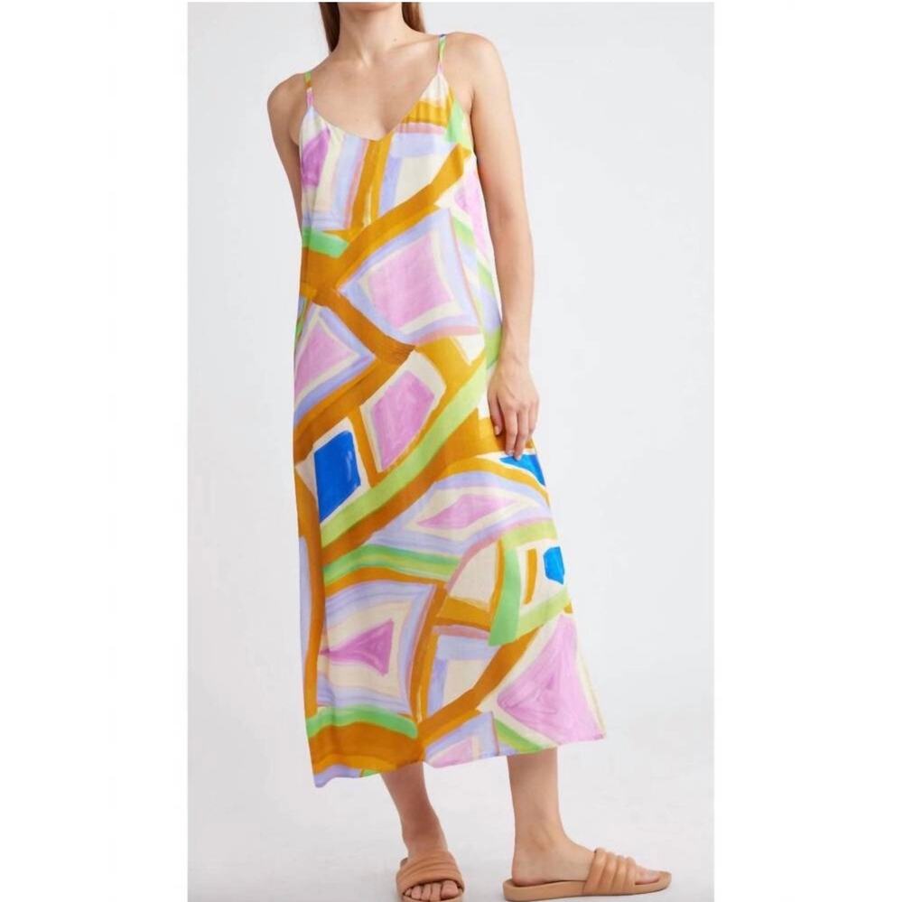 Self Contrast Camila Dress Size Medium NWT Midi Slip Artsy Abstract Satin Brush